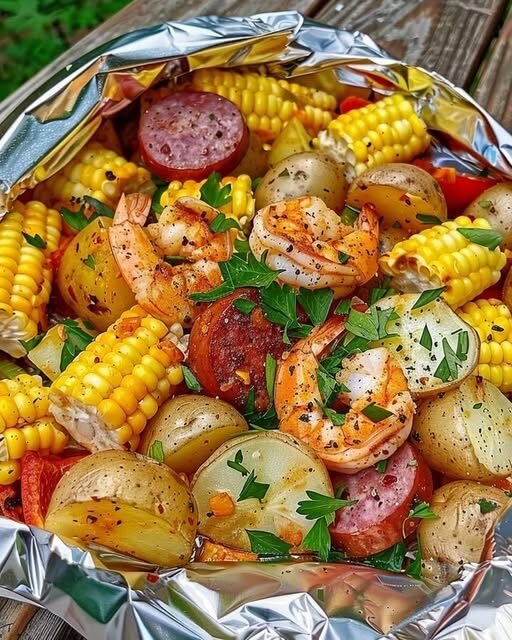 Shrimp, Corn, Potatoes, and Smoked Sausage Foil Pack (Weight Watchers Friendly)