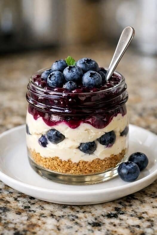 No-Bake High-Protein Greek Yogurt Blueberry Cheesecake Jar