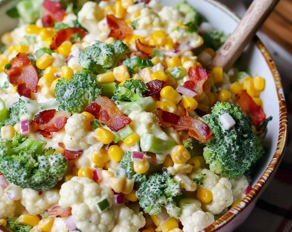 Cauliflower and Corn Salad with Bacon and Creamy Dressing