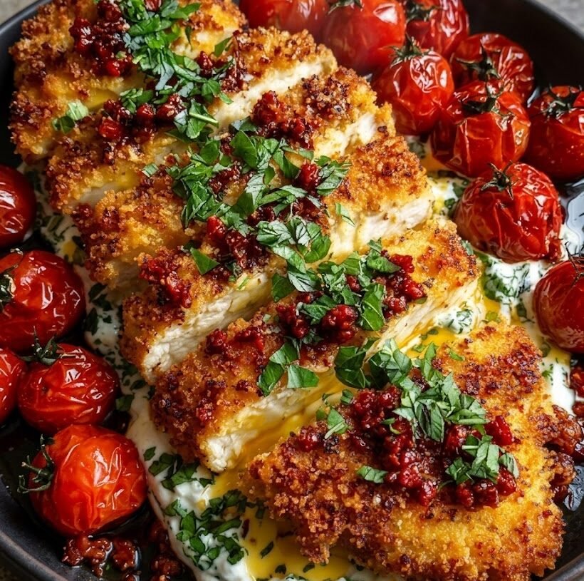 High-Protein Crispy Chicken Breast with Tangy Feta Spread and Roasted Tomatoes